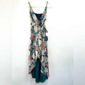 Lulus Green Floral High Low Ruffle Wrap Maxi Dress w/ Spaghetti Straps, Size XS